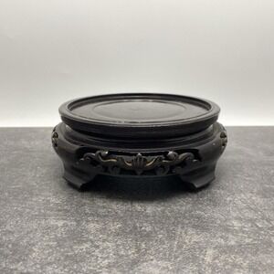 Vintage Round 4.5" Asian Carved Wood Pedestal Stand Urn Vase Display Base